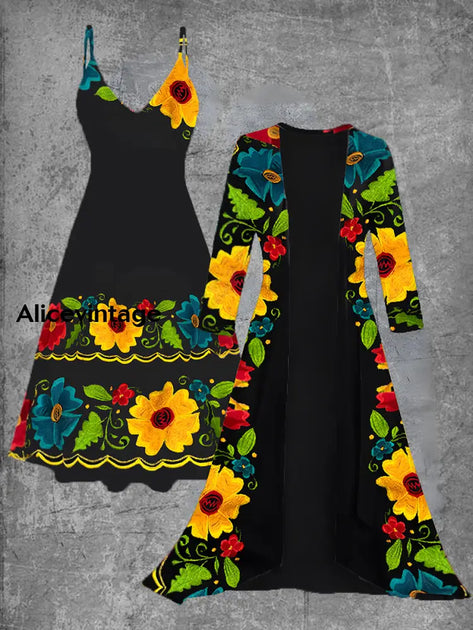 Mexican Floral Art Print Short Sleeve Vintage Two-Piece Midi Dress main image 1