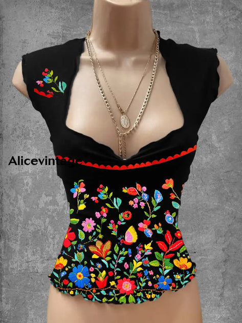 Mexican Floral Art Print V Neck Vintage Elegant Dress