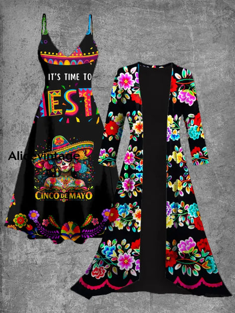 Floral Skull Art Print Vintage Elegant Slip Dress Two Piece Sets main image 0