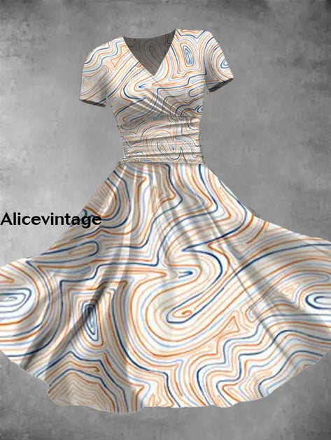 Women's Floral Art Contrast Print V-Neck Long Sleeve Lace-Up Midi Dress main image 0