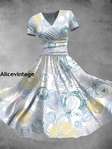 Gold Foil Tie-Dye Art Print Elegant Vintage Chic V-Neck Short Sleeve Two Piece Midi Dress main image 1
