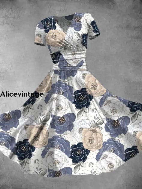 Floral Print V-Neck Short Sleeve Vintage Midi Dress  alicevintage