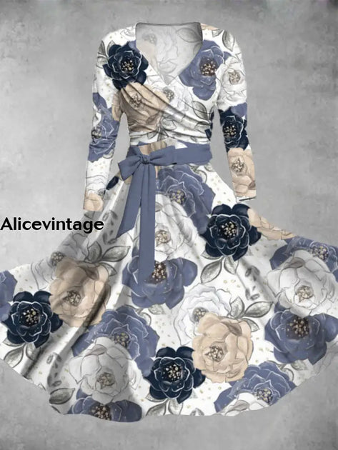 Yellow Floral Art Print Vintage V-Neck Long Sleeve Two-Piece Midi Dress main image 0
