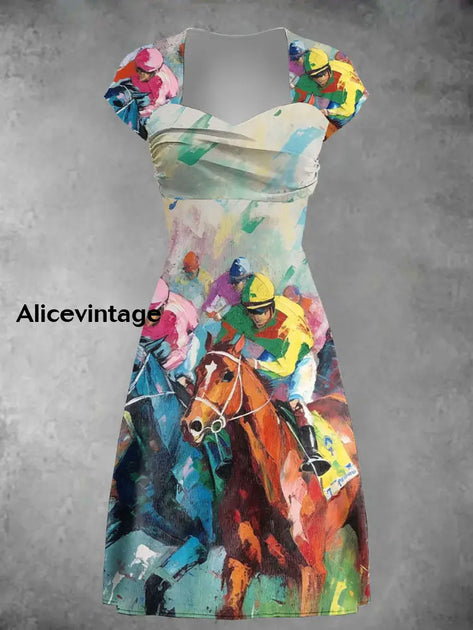 Dreby Art Print V-Neck Short Sleeve Vintage Dress Derby Dress main image 1