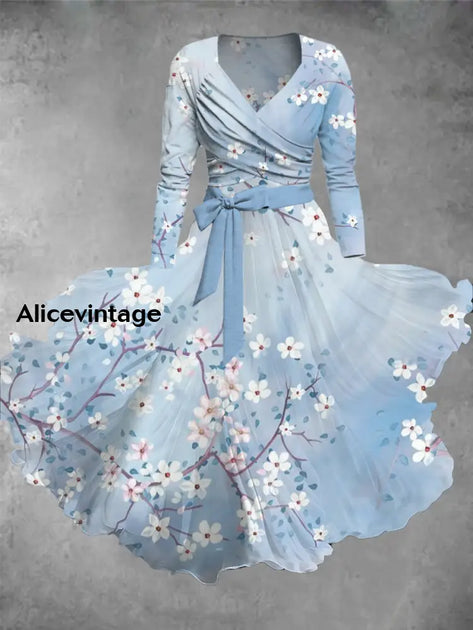 Floral Print Vintage V-Neck Long Sleeve Two Piece Midi Dress  alicevintage