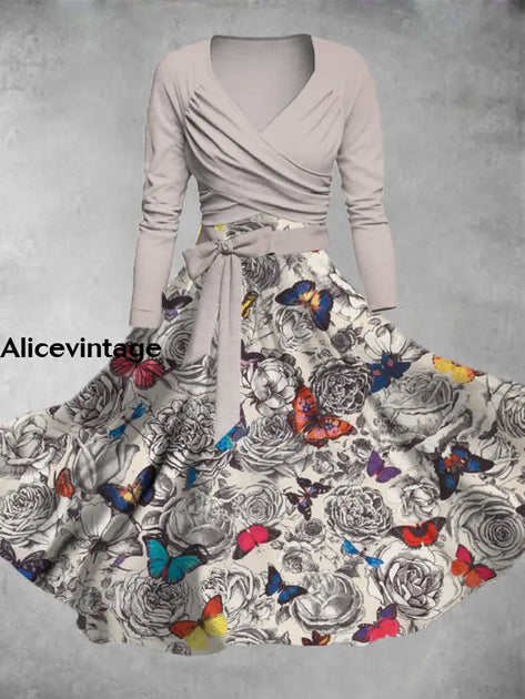 Womens Cotton Linen Floral Butterfly Print V Neck Dress