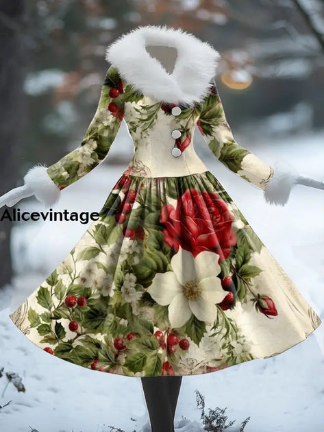 Christmas Floral Art Print Vintage Elegant Fur Collar Long Sleeve Midi Dress