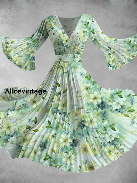 Women's Stylish Elegant Art Floral Print V-Neck Flared Sleeve Midi Dre ...