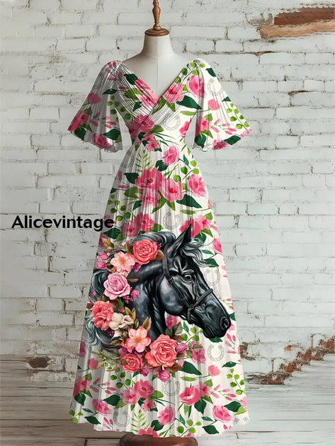 Women's Vintage Derby Day Art Print V Neck Short Sleeve Elegant Midi D ...