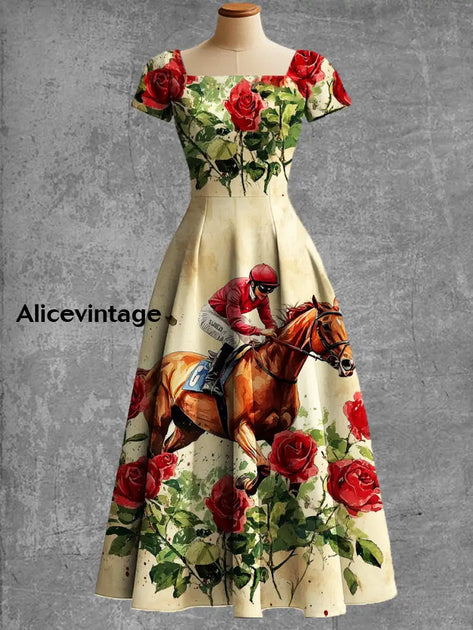 Derby Art Print Short Sleeve Vintage Elegant Dress Derby Dress