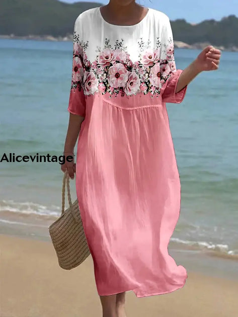 Women's Vintage Floral Art Print V Neck Elegant Midi Dress main image 1