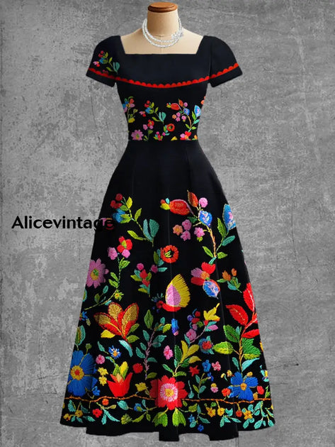 Mexican Floral Art Print Short Sleeve Vintage Midi Dress main image 1