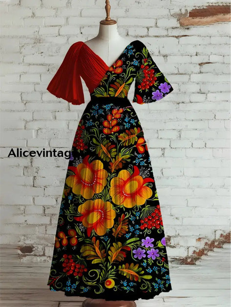 Mexican Floral Art Print Short Sleeve Vintage Midi Dress