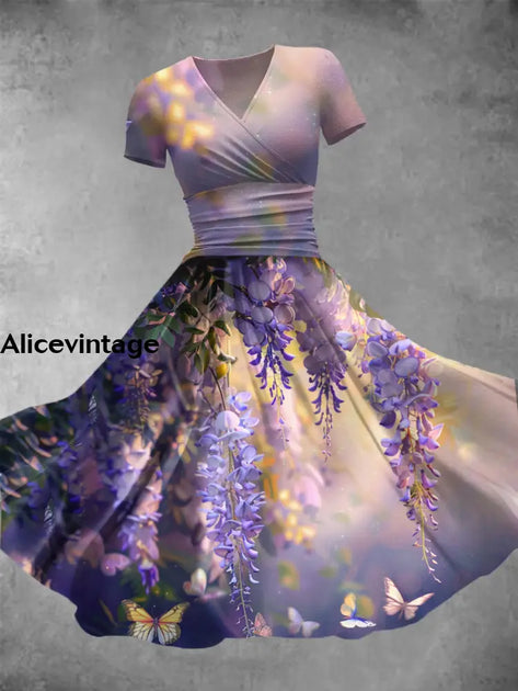 Women's Retro Butterfly Art Print V-Neck Midi Dress