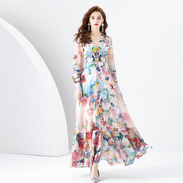 Elegant Flower Printed V-Neck Chic Chiffon Long Sleeve Full Hemline Maxi Dress