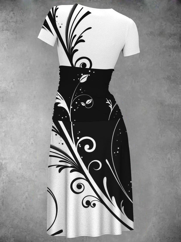 Vintage Floral Print Short Sleeve V Neck Midi Dress