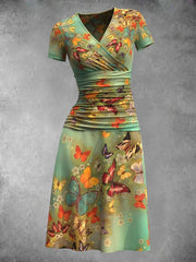 Women's Butterfly Art Print Short Sleeve V Neck Midi Dress