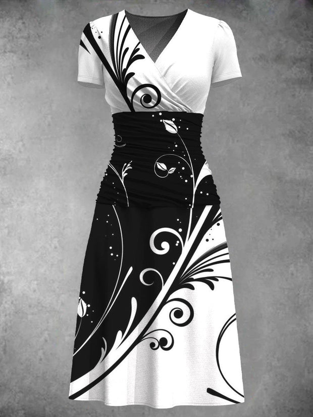 Vintage Floral Print Short Sleeve V Neck Midi Dress