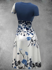 Women's Vintage Floral Print Short Sleeve V Neck Midi Dress