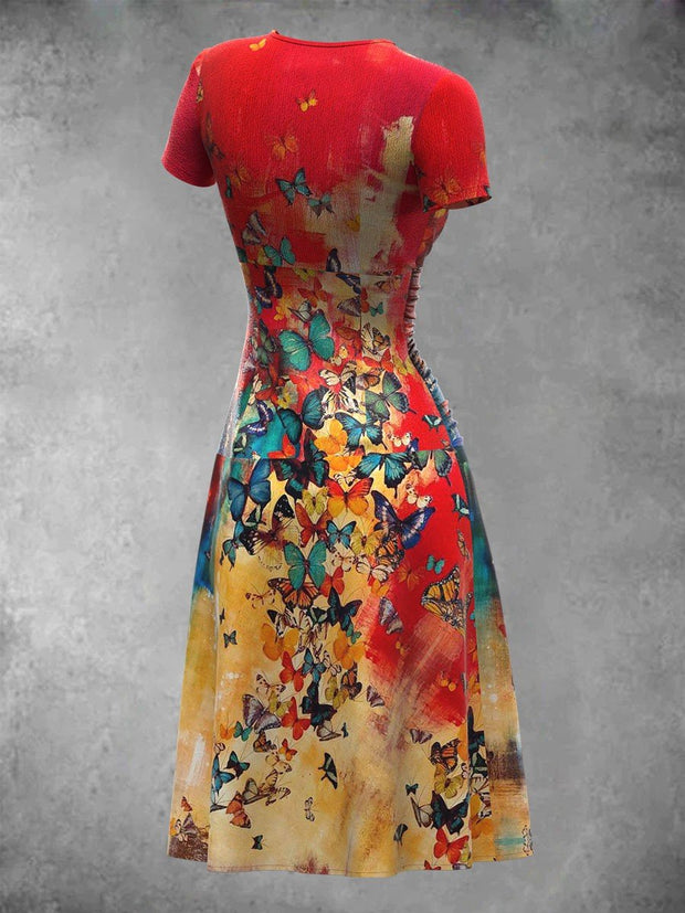 Women's Retro Butterfly Art Print Short Sleeve Midi Dress