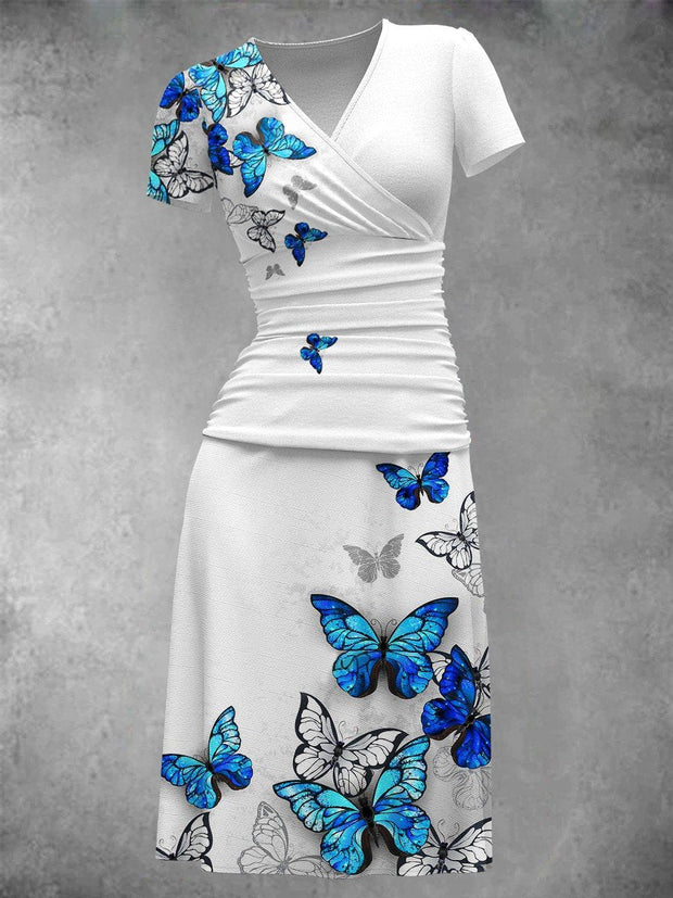 Women's Summer Butterfly Print Short Sleeve V Neck Midi Dress