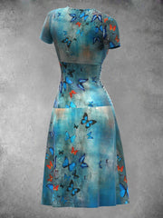 Women's Butterfly Art Print Short Sleeve V Neck Midi Dress