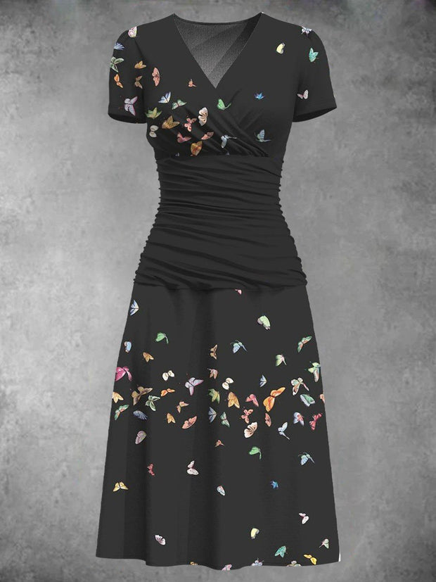 Women's Vintage Butterfly Art Print Short Sleeve Black Midi Dress