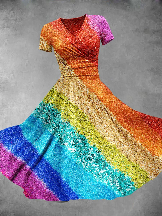 Rainbow Glitter Art Printed V-Neck Short Sleeve Stylish Comfortable Midi Dress