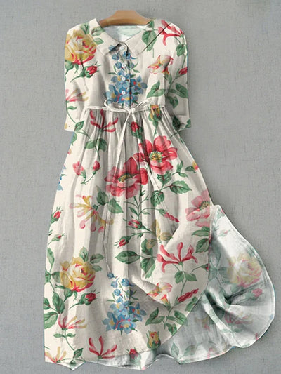Elegant Spring Flowers Printed Crew-Neck Button Short Sleeve Loose Midi Dress