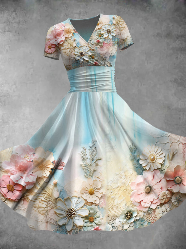 Elegant Vintage Flower Print V-Neck Short Sleeve Midi Dress