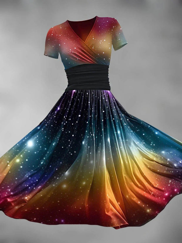 Rainbow Gradient Print V-Neck Short Sleeve Midi Dress
