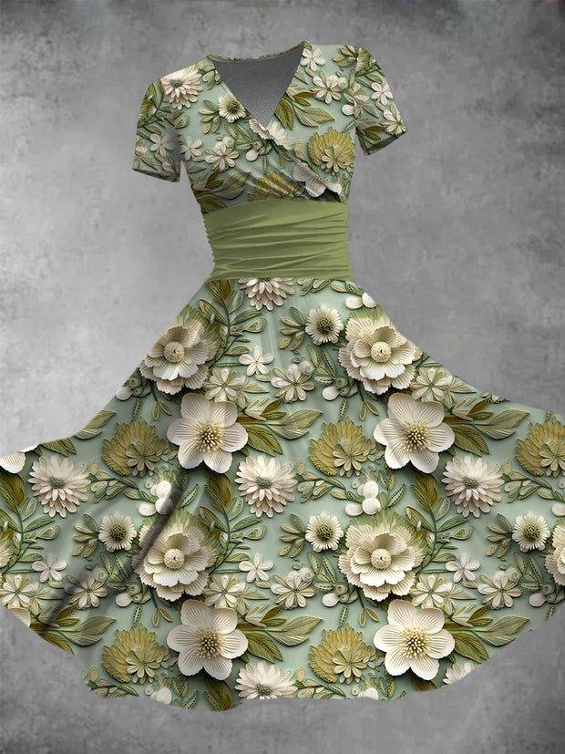 Elegant Green Flowers Print V-Neck Short Sleeve Midi Dress