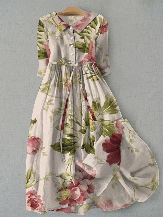 Elegant Spring Flowers Print Crew Neck Button Short Sleeve Loose Midi Dress