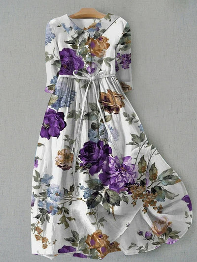 Elegant Spring Purple Flowers Printed Crew-Neck Button Short Sleeve Loose Midi Dress