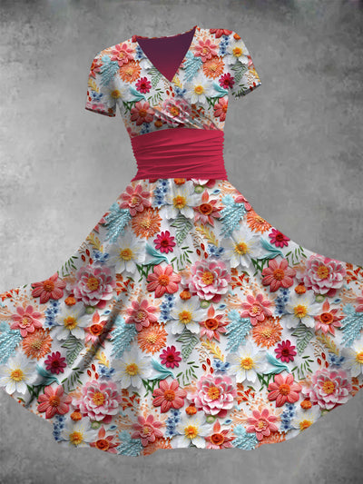 Cute Flower Print V-Neck Short Sleeve Midi Dress