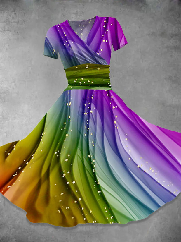 Colorful Ribbon Gradient Printed V-Neck Short Sleeve Stylish Comfortable Midi Dress