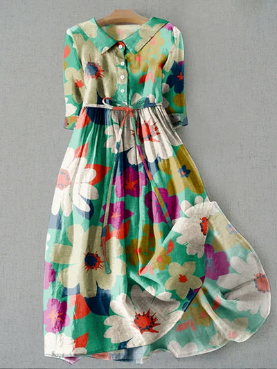 Elegant Spring Flowers Printed Crew-Neck Button Short Sleeve Loose Midi Dress