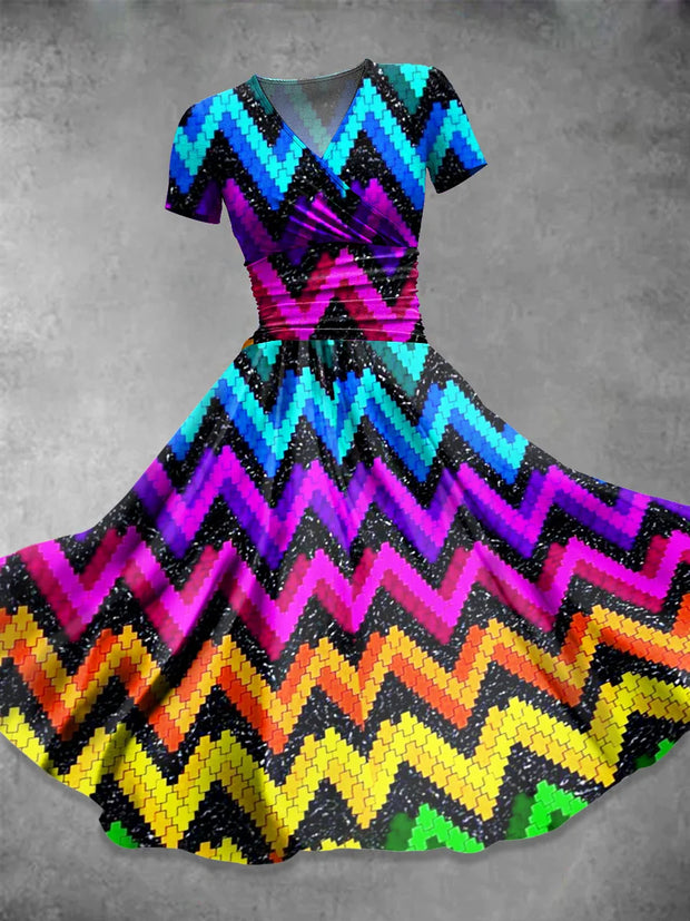 Colorful Print V-Neck Short Sleeve Midi Dress