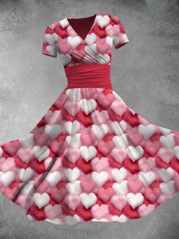 Cute Furry Love Heart Printed V-Neck Short Sleeve Fashion Midi Dress