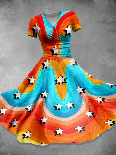 Rainbow Star Stripe Art Print V-Neck Short Sleeve Retro Midi Dress