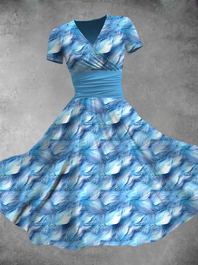 Blue Crystal Feather Print V-Neck Short Sleeve Midi Dress