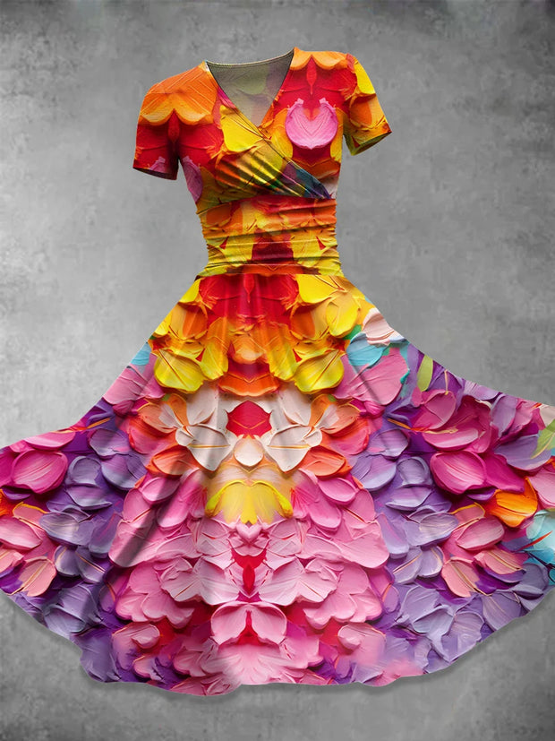 Colorful Oil Painting Print V-Neck Short Sleeve Fashion Midi Dress