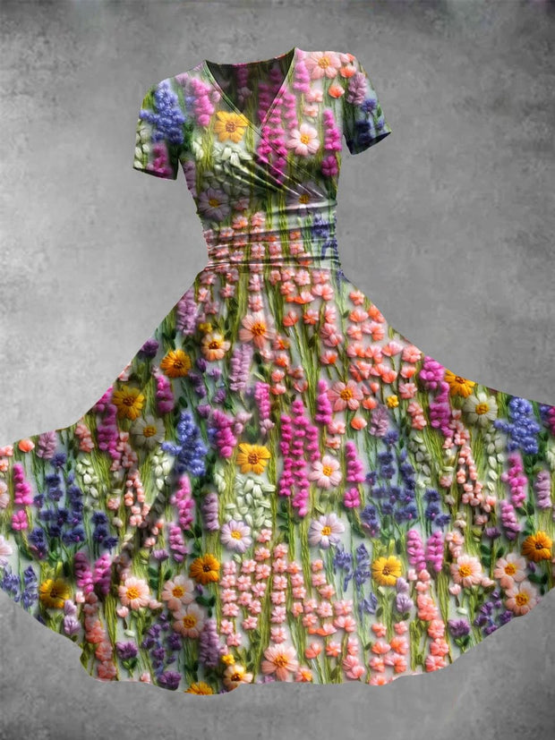 Colorful Spring Flowers Print V-Neck Short Sleeve Fashion Midi Dress