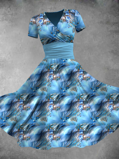 Blue Flower Feather Print V-Neck Short Sleeve Midi Dress