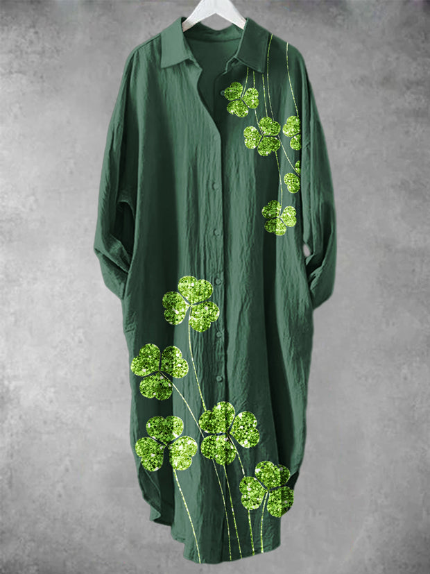 Sequin Lucky Grass Printed V-Neck Lapel Button Loose Long Sleeve Shirt