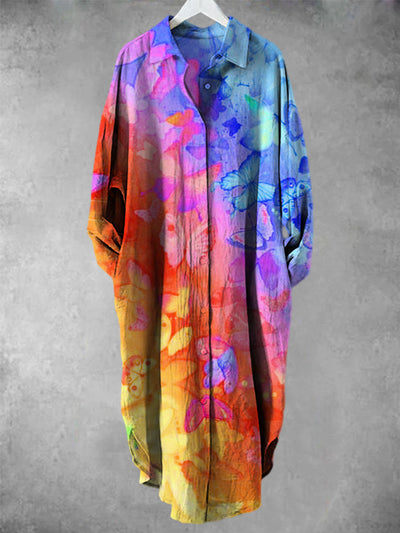 Rainbow Butterfly Tie-Dye Printed V-Neck Lapel Button Loose Long Sleeve Shirt