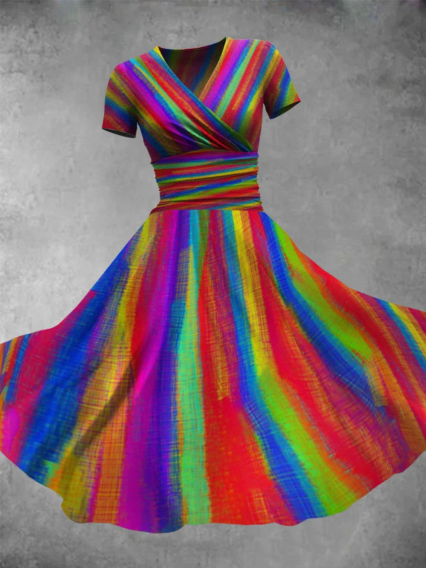 Rainbow Stripe Print V-Neck Short Sleeve Retro Midi Dress