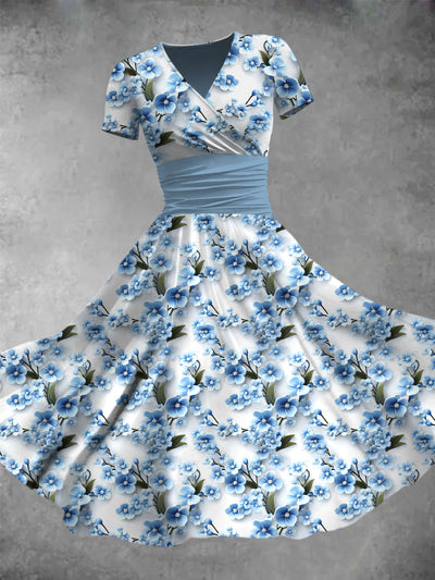 Elegant Blue Flowers Printed V-Neck Short Sleeve Fashion Midi Dress