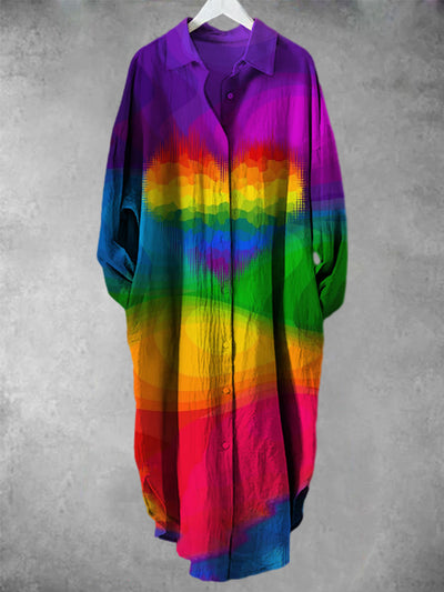 Rainbow Loving Heart Tie-Dye Printed V-Neck Lapel Button Loose Long Sleeve Shirt