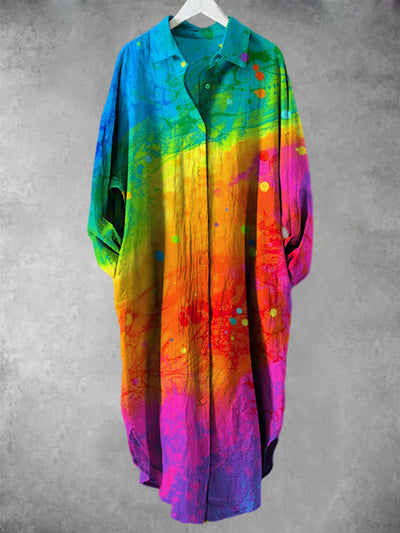 Rainbow Polka Dot Tie-Dye Printed V-Neck Lapel Button Loose Long Sleeve Shirt
